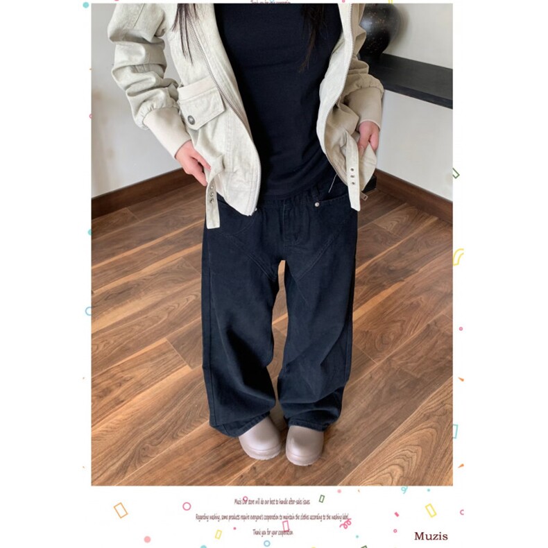 1506/QB2180/P51黑色高腰显瘦阔腿牛仔裤宽松弹力直筒松弛感长裤,男装牛仔裤,星座1506