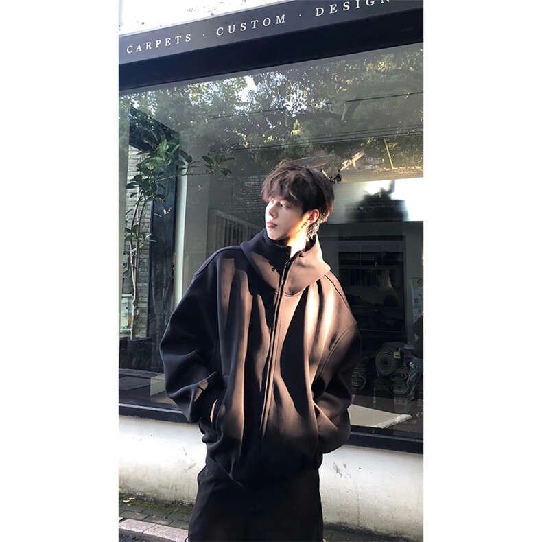 480G重磅加绒硬挺boxy男女秋冬美式高街防风高领卫衣开衫厚外套，女装短外套，电商A486