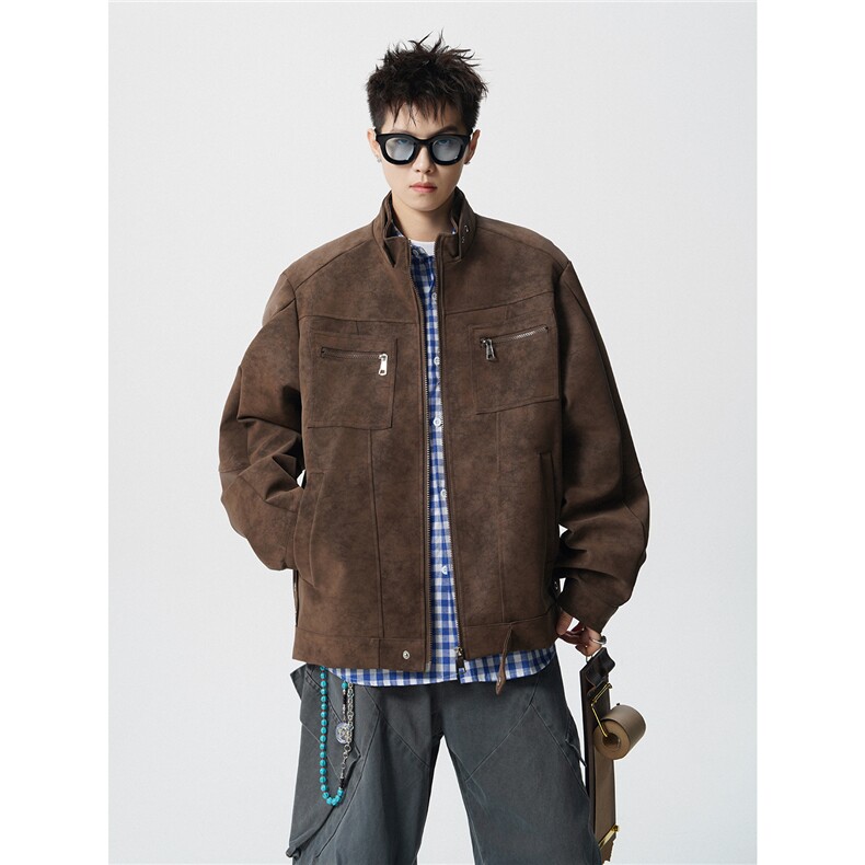 可二开雾霾扎染面料大码M-5XL工装拉链皮衣夹克男JK78100P90控128，男装皮衣，星座227-7