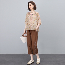 苎麻绣花套装女夏季薄款2025年新款中年妈妈遮肚子宽松复古两件套，女装套装/套裙，奕阳依阁