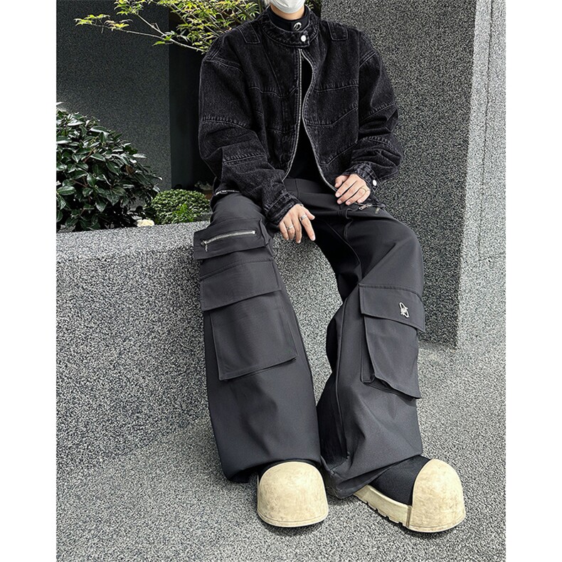 复古立领拉链牛仔外套解构设计水洗做旧夹克机车服男JK8096-P75图片