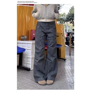 现货美式复古多口袋褶皱工装牛仔裤男女直筒宽松休闲裤L16111-p53图片