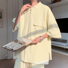C6062/P45新款冰丝高品质垂感宽松短袖衬衣男衬衫潮大码上衣控68，男装衬衫，电商A141