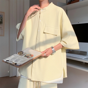 C6062/P45新款冰丝高品质垂感宽松短袖衬衣男衬衫潮大码上衣控68图片