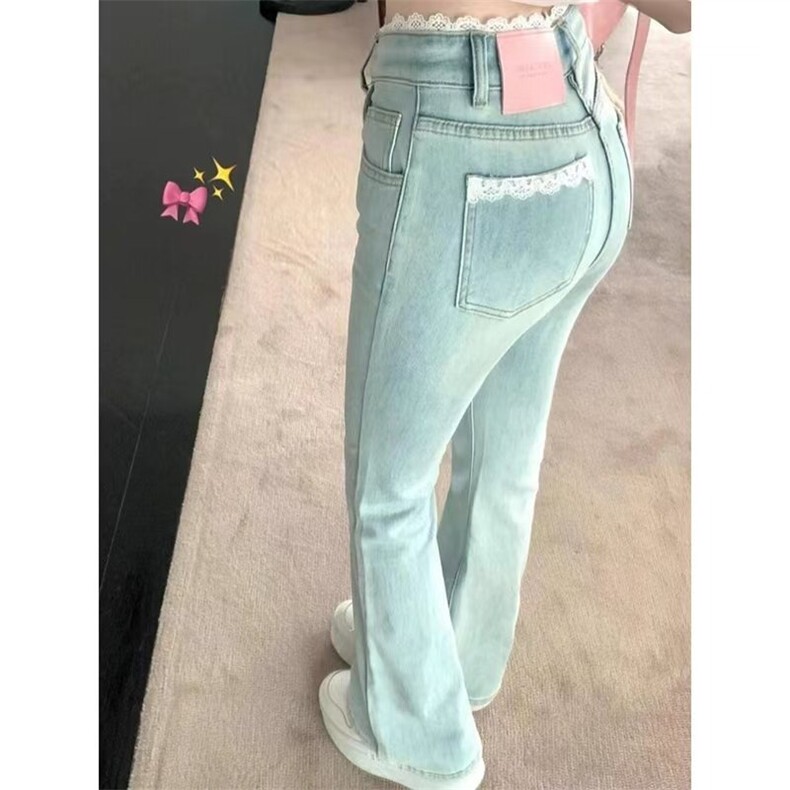 复古浅色蕾丝拼接微喇叭牛仔裤女秋季新款高腰修身弹力马蹄长裤子,男装牛仔裤,星座506A