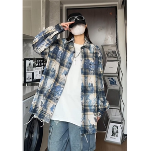 加厚泼墨扎染时尚格子男士长袖衬衫情侣休闲衬衣外套 CS908-P48，男装衬衫，电商A006