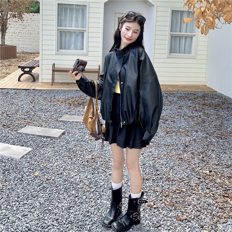bf风黑色立领皮衣外套女2025秋季新款简约高级感宽松休闲短款上衣,女装皮衣,2C168