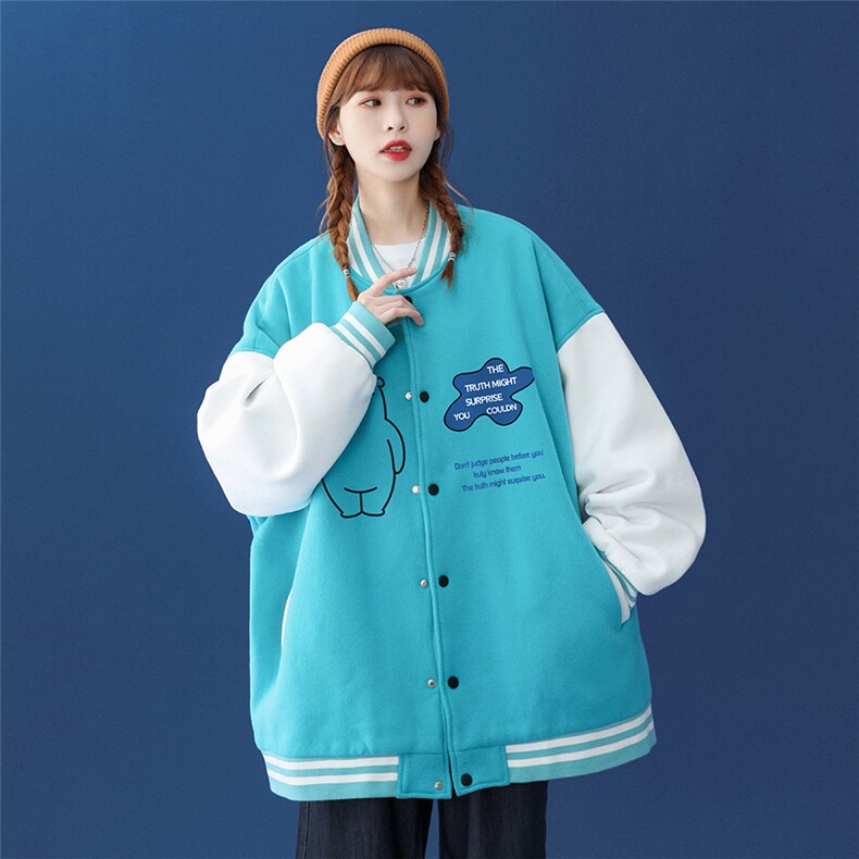 中性风2026秋季新款港风时尚潮流小熊印花情侣棒球服G83P65控78-，女装职业装，A247A