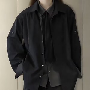 H2508-P50 高级感纯色假两件领带衬衫男士简约ins宽松休闲图片