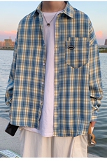 秋季新款外穿长袖衬衣文艺港风情侣格子衬衫男女C14/，男装衬衫，电商D202-1