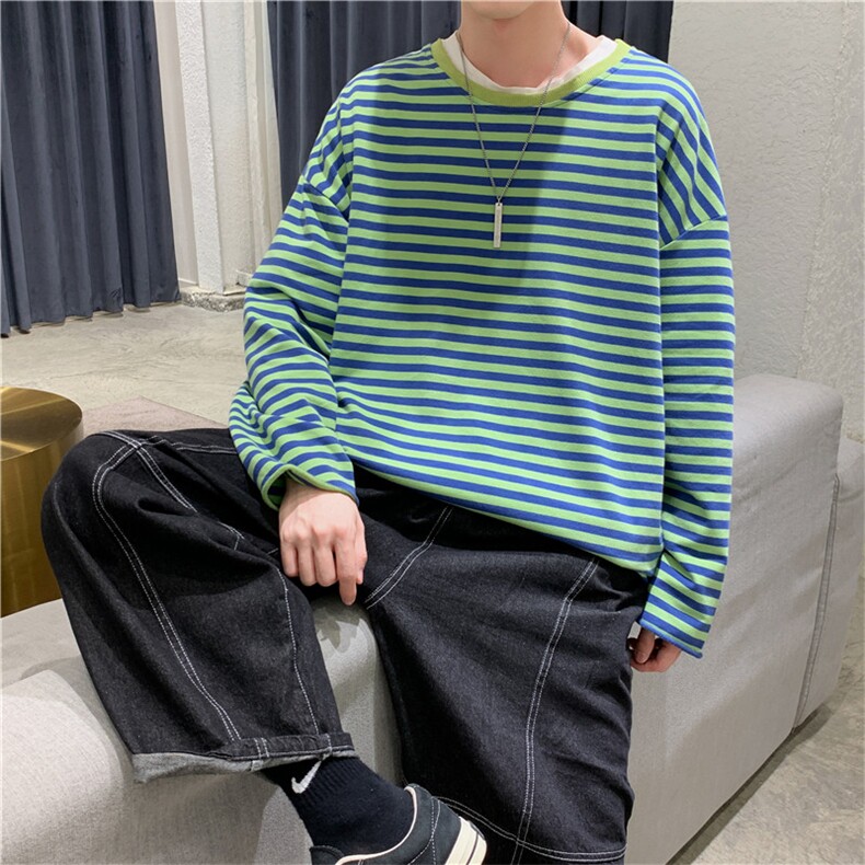 910A-T27-P25控38秋装条纹长袖T恤男女韩版宽松大码情侣打底衫潮,男装T恤,星座910A