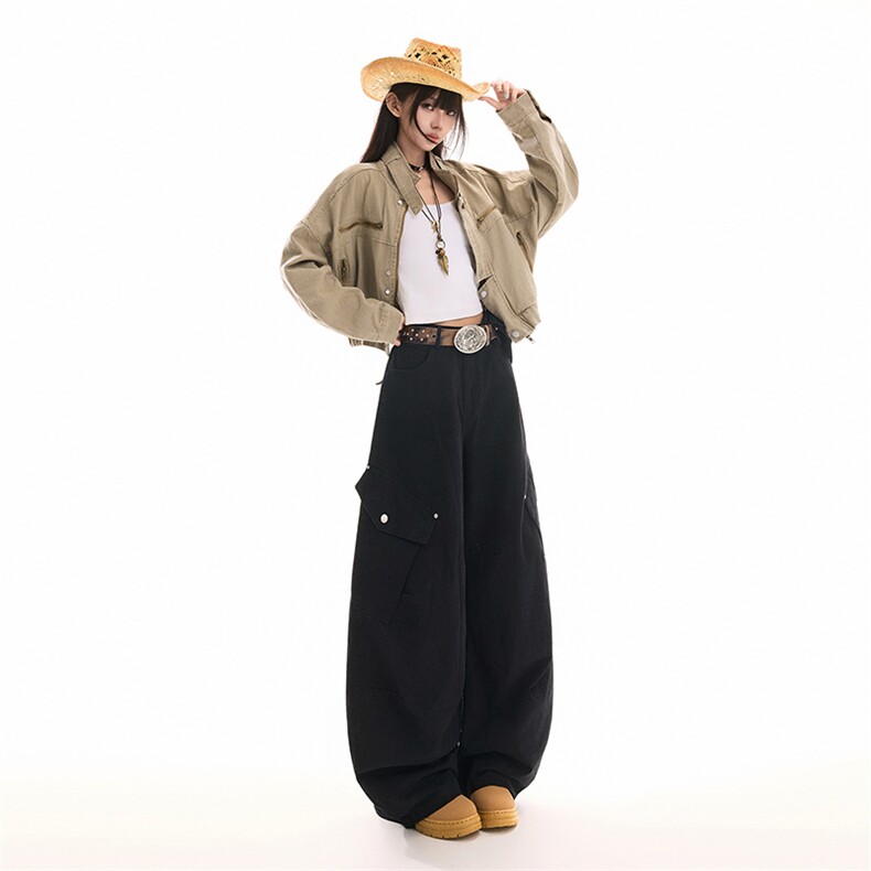 美式工装阔腿牛仔裤男女2026早春多口袋宽松显瘦弯刀裤YD9082-P85,男装牛仔裤,星座509