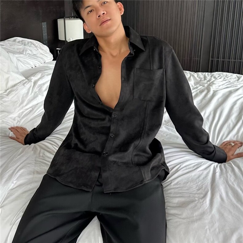 潮牌痞帅外套男士秋冬麂皮绒纯色内搭衬衫高街上衣服长袖衬衣,男装衬衫,星座506A