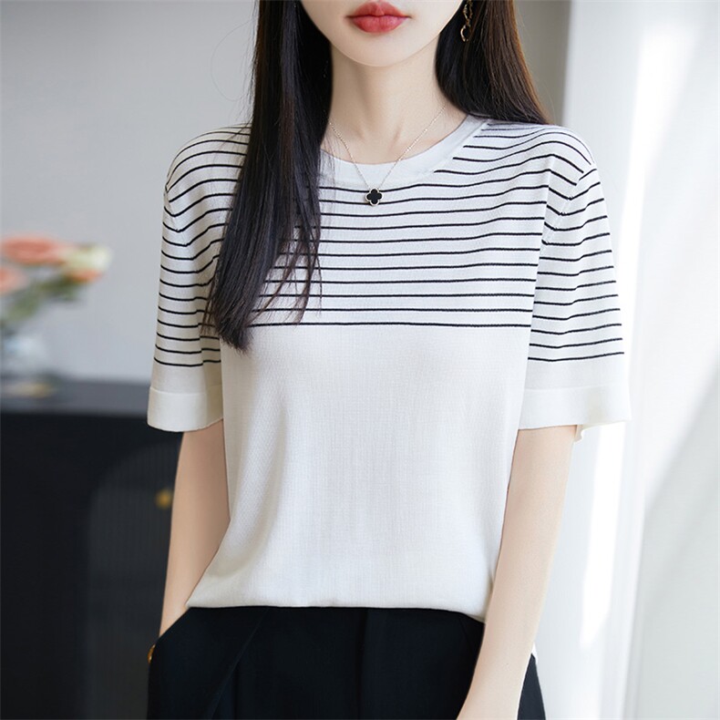 2025夏季新款莱赛尔天丝针织短袖T恤女圆领条纹拼色薄款上衣,女装T恤,广悦羊绒