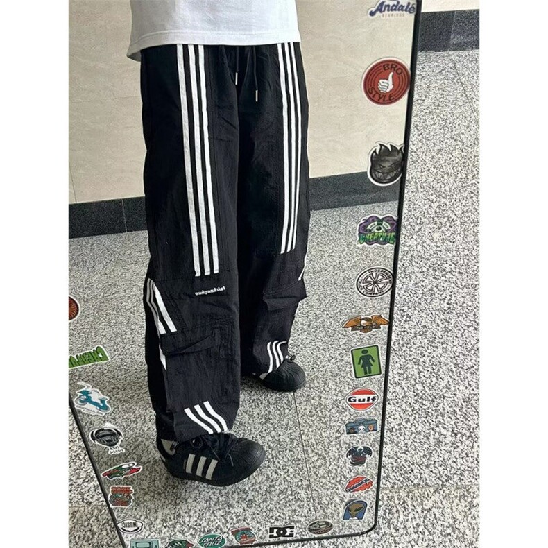 07qwer咖啡色条纹裤子男夏季薄款美式速干工装裤三条杠直筒运动裤,男装休闲裤,星座603-2
