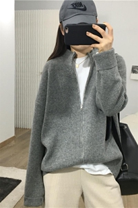 时尚女装半高领拉链开衫 宽松显瘦针织衫 百搭休闲毛衣外套图片