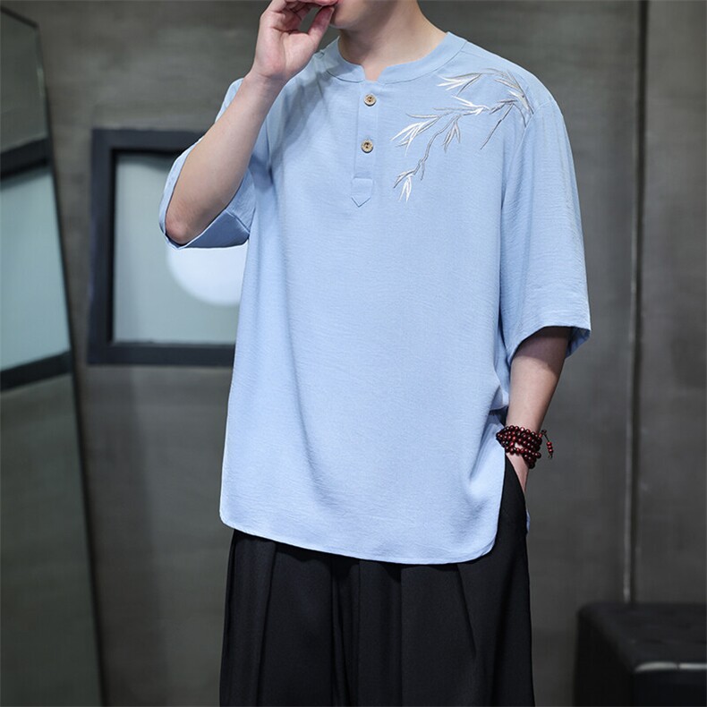 夏季冰丝立领短袖男风刺绣五分袖半袖开衩大码T恤男T812P55，男装T恤，电商A021A