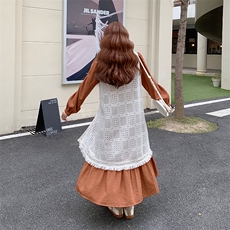 漂亮减龄连衣裙流苏蕾丝镂空罩衫套装女2025年秋季新款穿搭两件套，女装套装/套裙，2C010