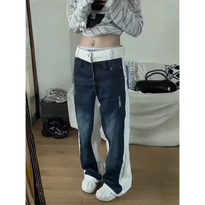 浅色微喇牛仔裤女春夏季2026新款蕾丝拼接低腰宽松不贴腿喇叭裤子图片