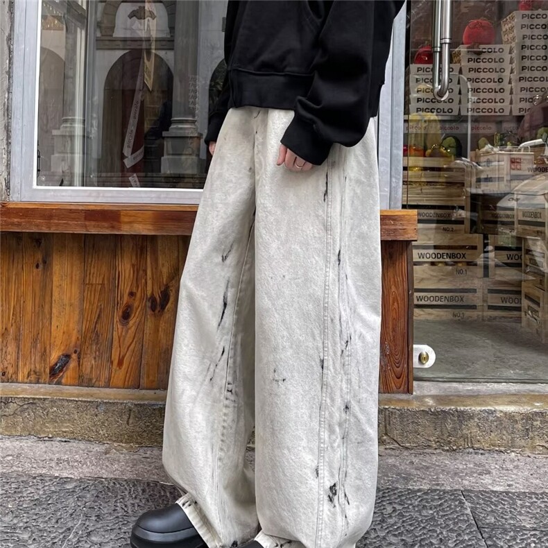 扎染高街垂感休闲牛仔裤男潮牌宽松直筒痞帅休闲阔腿裤 XK886-P52图片