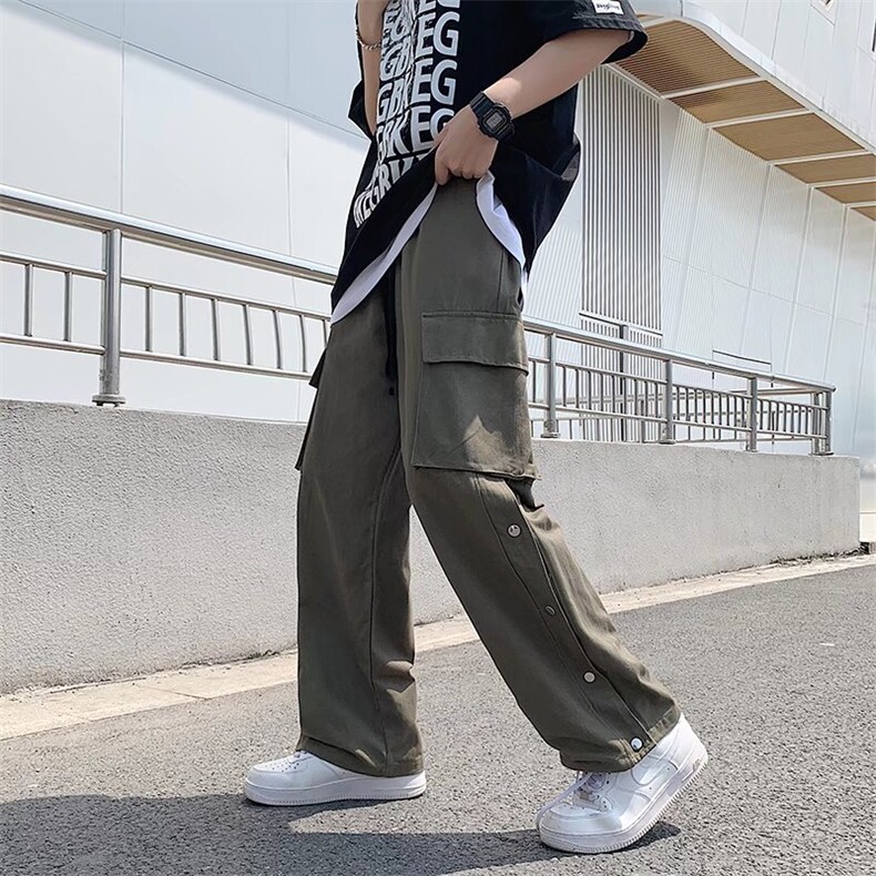 潮牌ins高街直筒长裤日系排扣工装裤夏季男宽松阔腿裤K3370-P35,男装休闲裤,星座512-2