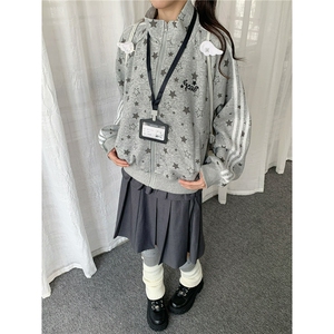 美式复古星星满印立领开衫男女春秋宽松慵懒松弛感拉链外套上衣图片