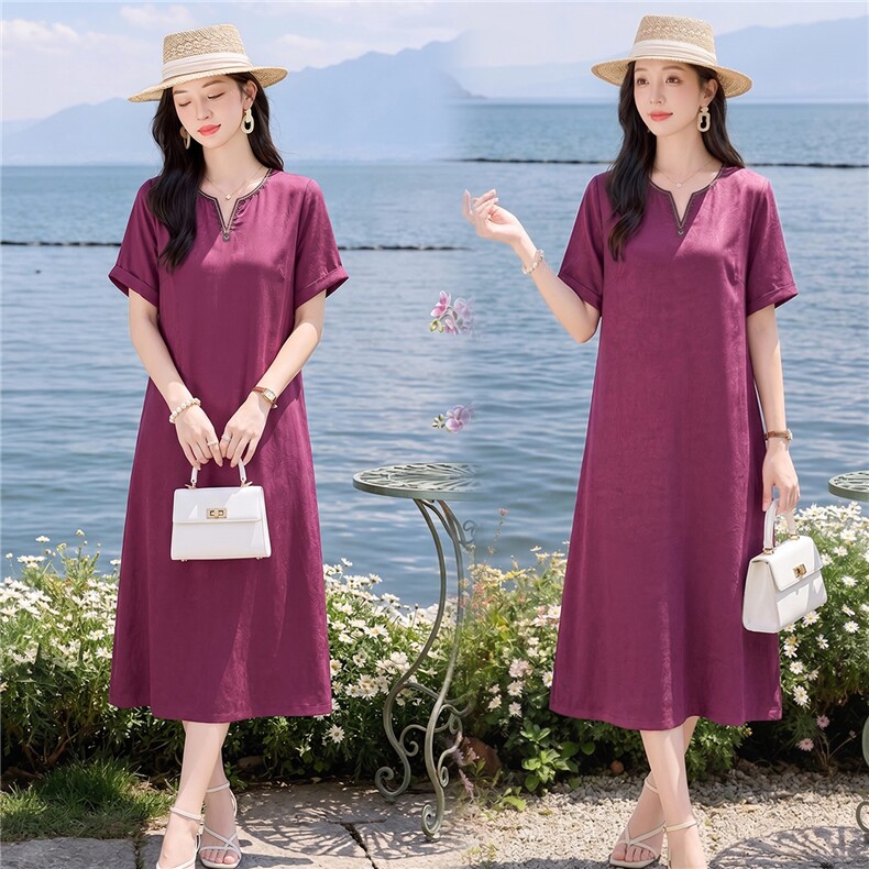 现货秒发刺绣洋气高端裙气质连衣裙夏季新款宽松口袋中长裙女,女装连衣裙,韩蔻秀