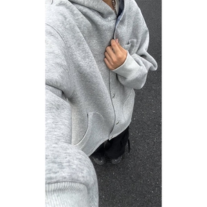 420克重磅日系纯色格纹开衫男女休闲连帽卫衣外套W4687-特价P65图片