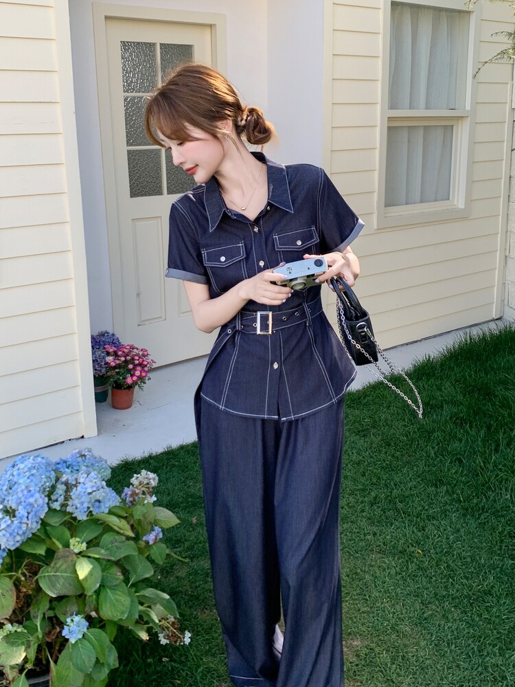 休闲工装收腰牛仔阔腿裤套装女夏2026新款高级感两件套松弛感,女装套装/套裙,印象茜