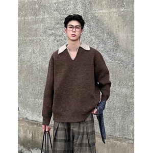重磅北极绒假两件衬衫领毛衣美式高街复古休闲慵懒纯色翻领针织衫图片