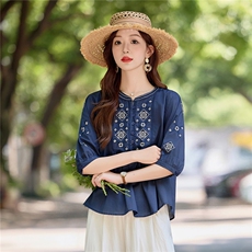 文艺复古名族风刺绣衬衫女2025夏季宽松遮肚显瘦薄款中袖衬衣小衫，女装衬衫，慕依路