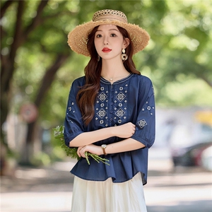 文艺复古名族风刺绣衬衫女2025夏季宽松遮肚显瘦薄款中袖衬衣小衫图片