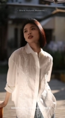 春夏新款亚麻重工刺绣白色翻领气质衬衫，女装衬衫，湘姗