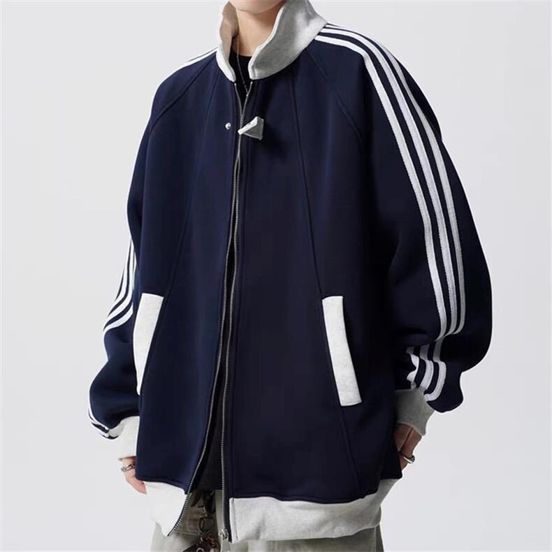 抖音得物品质秋冬美式高街重磅结构拼接织带翻领卫衣夹克外套W113,男装夹克,电商A486