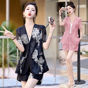 欧货时尚刺绣短裤套装女2025夏款今年流行漂亮气质炸街西装两件套图片