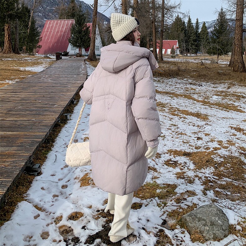 粉紫色50白鸭绒羽绒服女冬季新款学院风中长款保暖加厚面包服外套,女装羽绒服,天丽