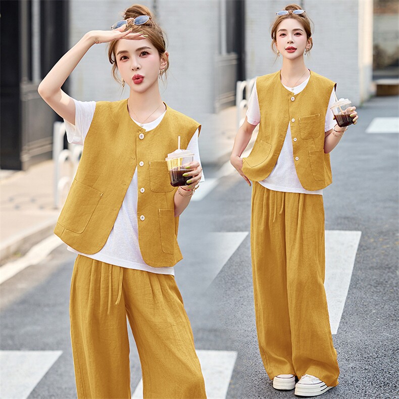 小香风马甲套装女夏季高级感休闲时尚洋气减龄显瘦阔腿裤三件套，女装套装/套裙，布芭啦