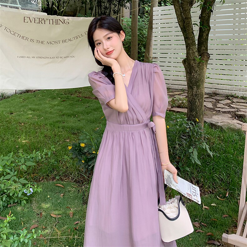 紫色轻熟风V领收腰显瘦连衣裙女2023夏季新款法式气质感桔梗长裙,女装连衣裙,一九零
