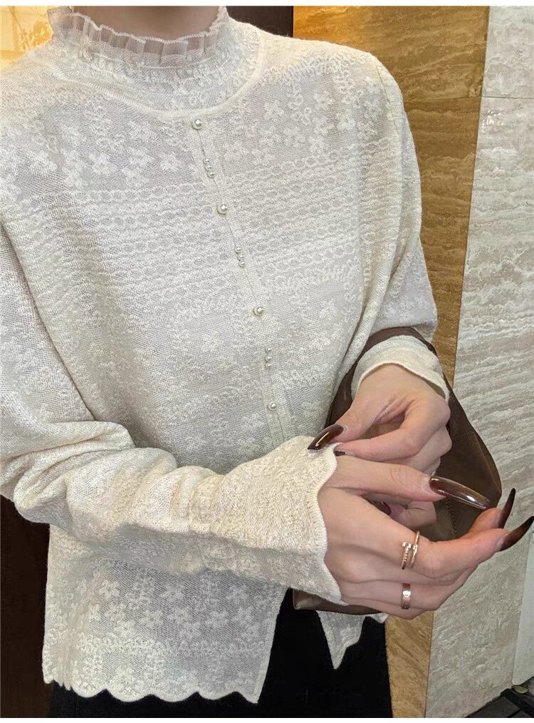 秋冬小香风别致羊毛衫女宽松纯色内搭蕾丝花边毛衣针织打底衫洋气,针织衫/毛衣,晨旭羊绒