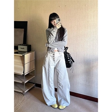 2025春季新款压褶设计高腰显瘦宽松版休闲阔腿牛仔裤女，男装牛仔裤，星座506A