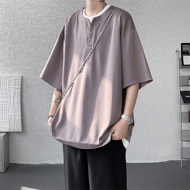 8XL-M重磅斜纹假两件短袖t恤男夏季薄款宽松大码半袖体恤DT006P45,男装T恤,电商B312