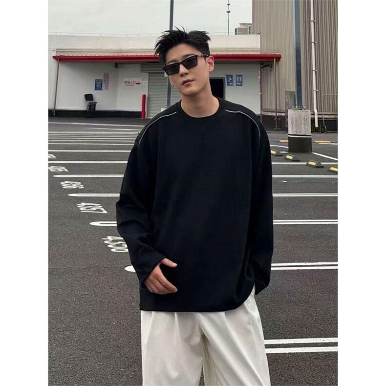 抖音得物高品质26春装设计感长袖打底衫纯色拉链肩圆领卫衣W123,男装T恤,电商A486-1