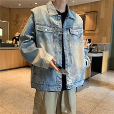 DW053-P75潮牌垫肩牛仔外套男美式高街水洗做旧夹克秋季宽松上衣，男装夹克，星座603-2
