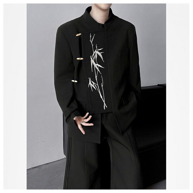 新中式男士礼服订婚礼不规则西装套装风立领金竹刺绣中山装西服,男装西服,星座601-1