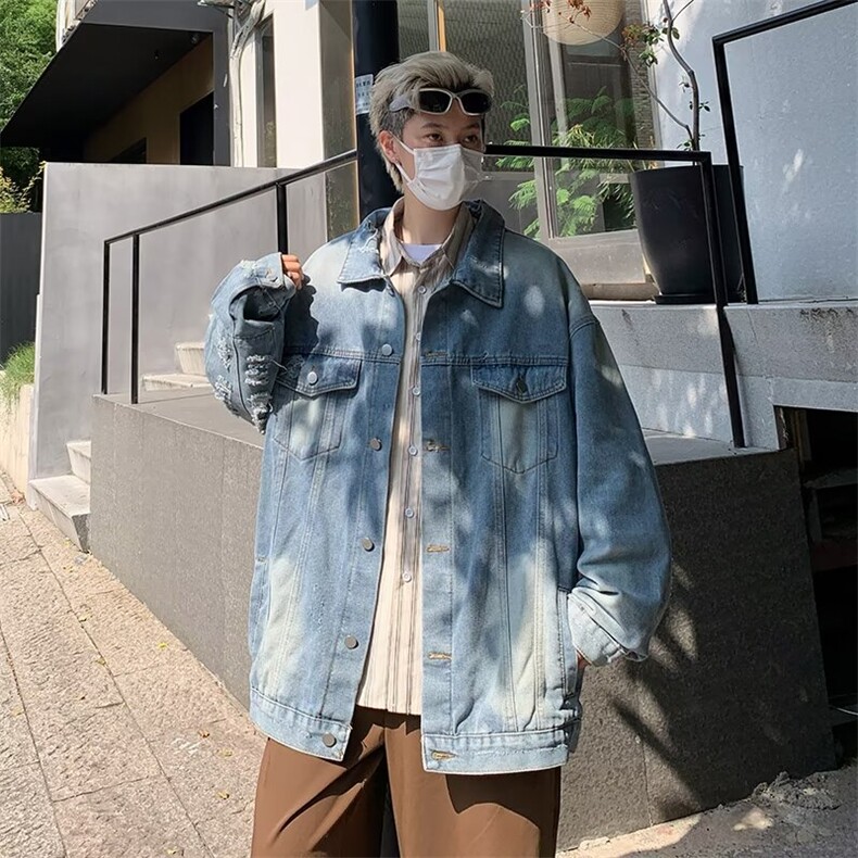 渐变牛仔外套男秋季美式水洗上衣宽松高街潮牌痞帅夹克衫2223/P70,男装工装外套,星座506