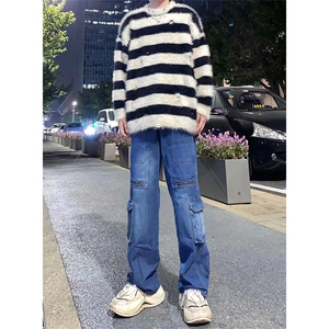自家图，工装大口袋牛仔裤男秋冬微喇叭复古水洗裤子-KZA43-P68图片