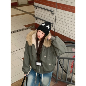 现货重磅boxy短款棉衣座山雕大毛毛领男女棉服水洗工装厚外套图片