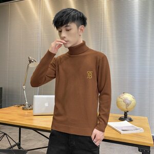 秋冬可翻高领毛衣男B纯色长袖男刺绣毛衫打底针织衫棕色M252P33图片