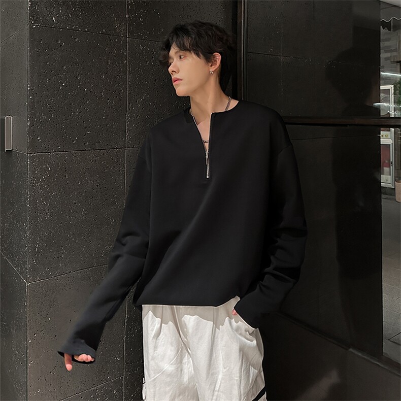 重磅设计感小众长袖T恤男秋季拉链宽松卫衣男A210A-WY06-P38,男装T恤,电商A210A