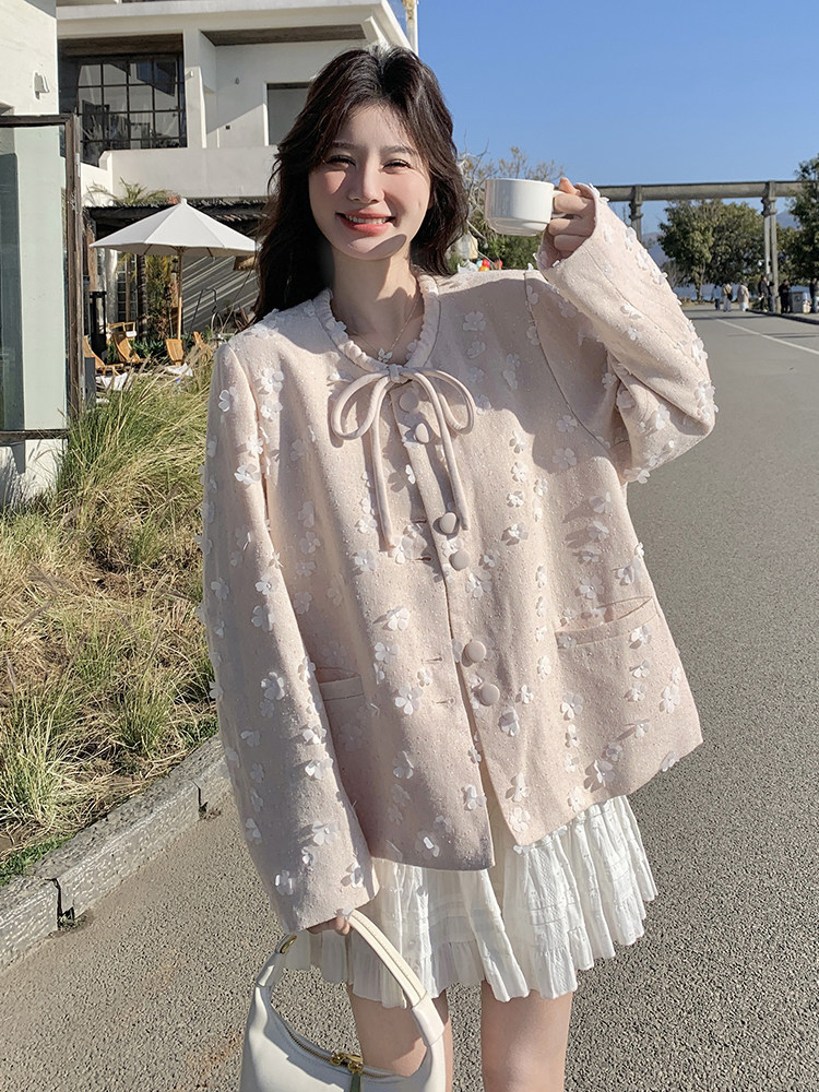 粉色花朵新中式国风棒球服女春设计感国风新款奶乎乎爆款减龄外套,女装短外套,含赞